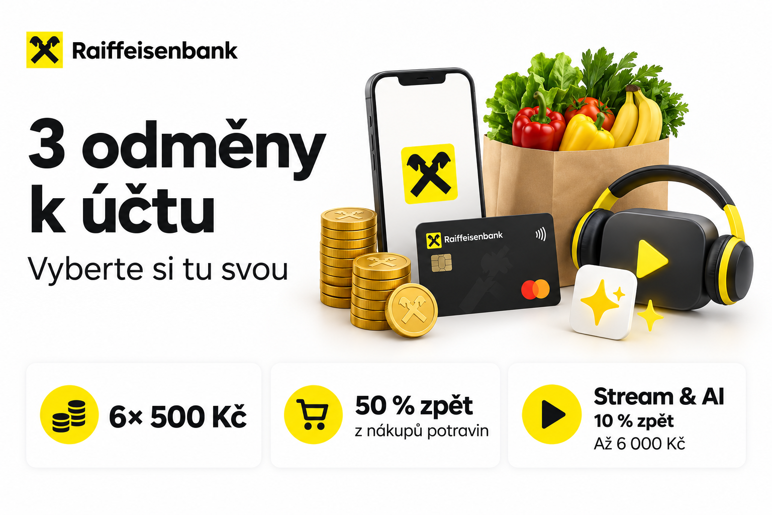 Raiffeisenbank nově nabízí 3 odměny k účtu. Získat můžete až 6 000 Kč